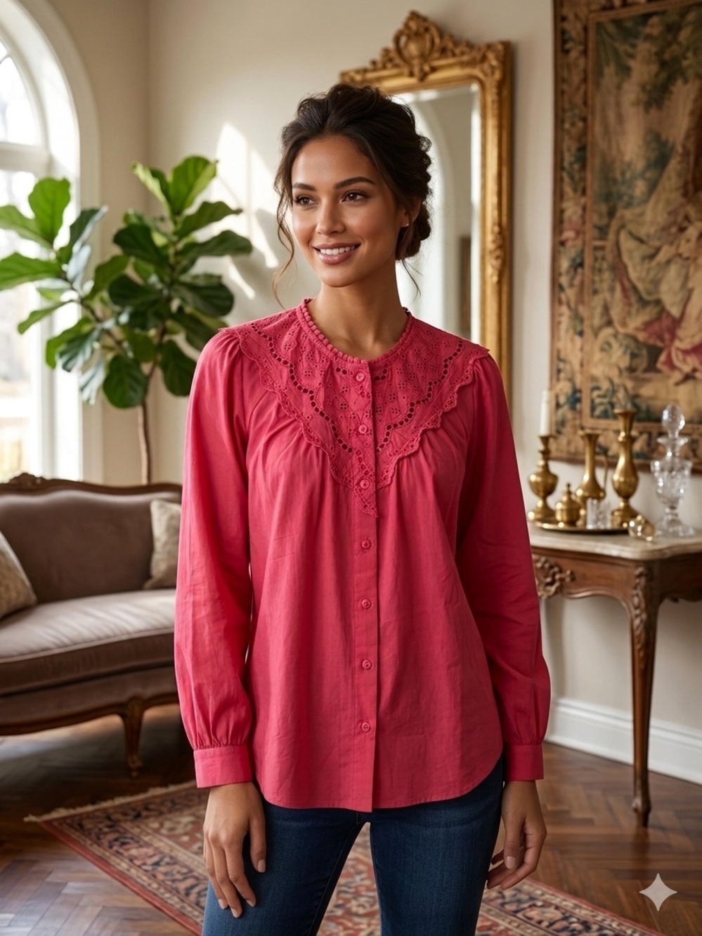 Women's Red Button-Front Eyelet Yoke Blouse NWT